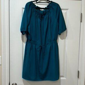 LOFT Short-sleeved dress with elatic waistband and tie, Teal, XL, EUC, smoke-fre